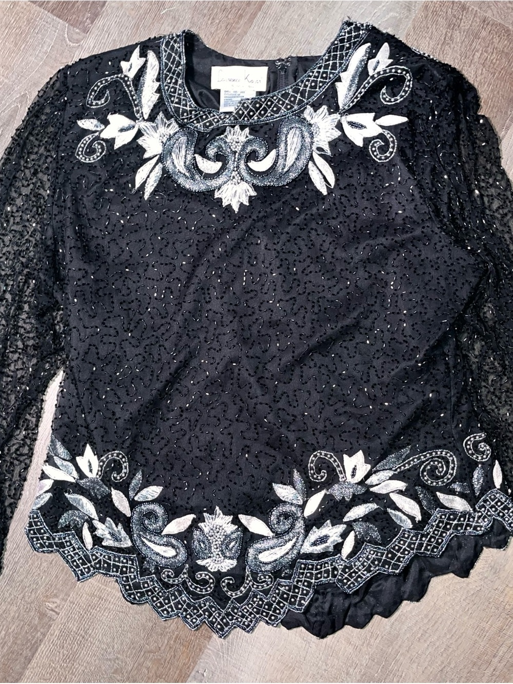 Vtg Laurence Kazar beaded evening shirt blouse top. Sheer sleeves XXL silk